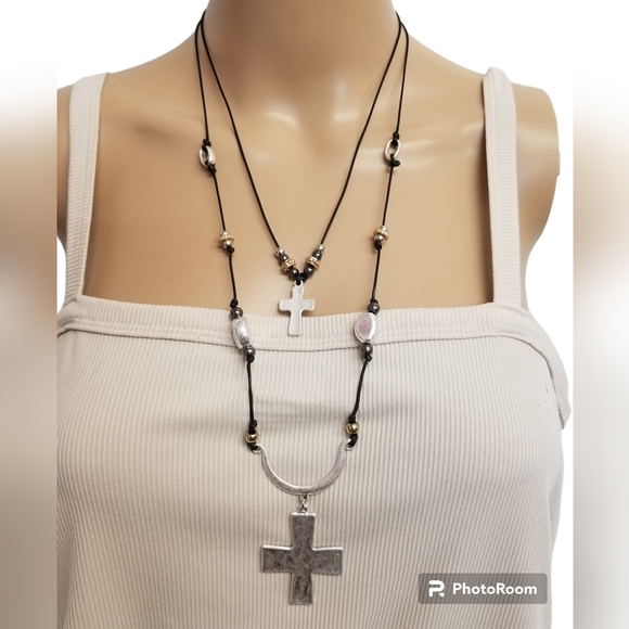 VINTAGE LAYERED SILVERTONED CROSS PENDANT & GOLD/ SILVER BEAD CORD NECKLACE - Picture 1 of 6